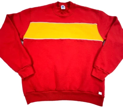 Sudadera Russell De Colección Hombres Mediana Roja Amarilla Cuello Redondo Años 90 Hecha en EE. UU. En Blanco Foto 1 de 4