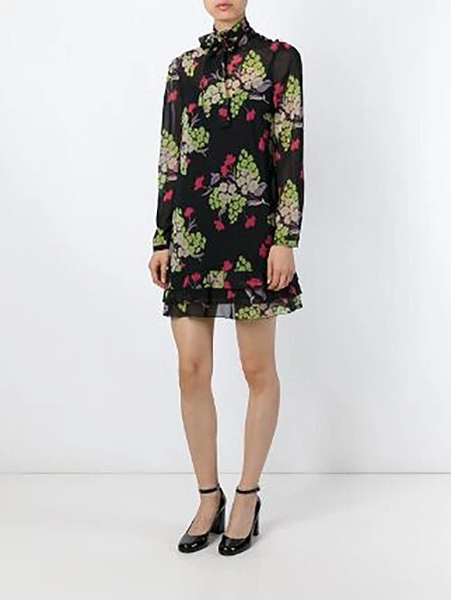 Red Valentino Long Sleeve Silk Mini Shift Dress Black Floral Size 40, US 2 - Image 1 of 1