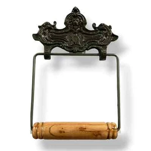 Soporte para rollo de toallas de inodoro de hierro fundido Falcon de madera de teca para baño - Imagen 1 de 4