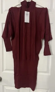 EXLURA Women S Knit Bodycon Mini Sweater Dress Shoulder Tie Long Sleeve Burgundy - Picture 1 of 6