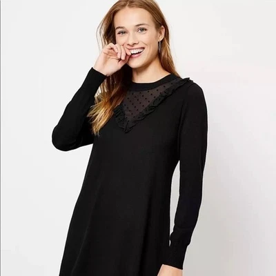 Vestido Suéter Midi Ann Taylor LOFT Negro Lunares Malla Volantes Manga Larga Talla M Foto 1 de 4