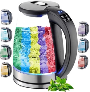 Glas Wasserkocher mit LED Beleuchtung Edelstahl 2.200 Watt Temperatureinstellung - Bild 1 von 5