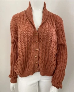 20-22 / 3XL-4XL Orange Hand Knitted Pure Wool Cardigan Open Knit Buttons - Bild 1 von 9