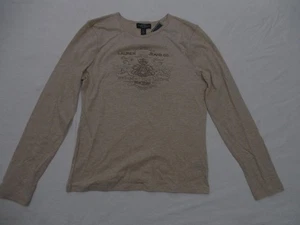 Ralph Lauren Mujer Tostado Avena Hilo Cuentas Bordado Cresta Corona Camisa Suéter PS - Imagen 1 de 3