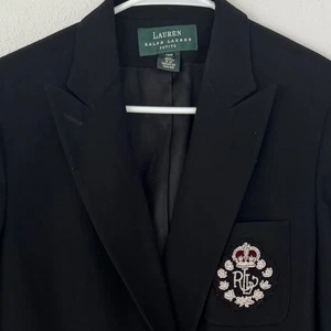 Lauren Ralph Lauren Damen 10p Schwarz Wolle Blazer Wappen Zweireiher - Bild 1 von 9