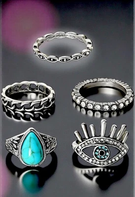 NWT JESSICA SIMPSON SILVER-TONE FAUX TURQUOISE RHINESTONE SET OF 5 RINGS - Image 1 of 4