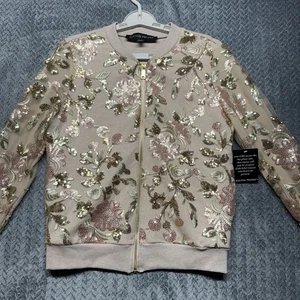 Bomber Boston Proper nuovo con etichette paillettes floreale giacca donna XS beige oro rosa festa - Foto 1 di 12