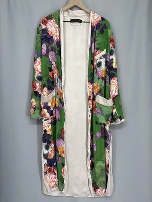 Chaqueta Kimono Mujer Zara Pequeña Verde Floral Frontal Abierto Plumero Bolsillos Foto 1 de 4