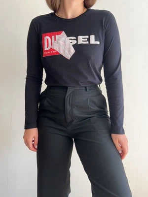 Camiseta Diesel Para Mujer Negra Logo Grande Manga Larga Ligera Algodón Cuello Redondo Talla L Foto 1 de 4