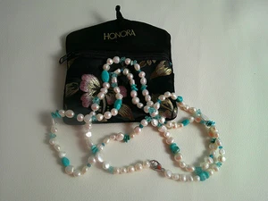 Collar de perlas Honora turquesa aguamarina detalles broche de plata 925 largo 40" - Imagen 1 de 5