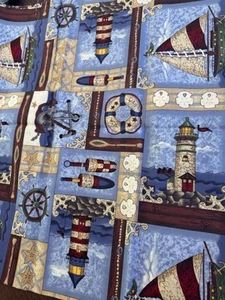 Nautical Boats Oars Anchors LIGHTHOUSE Cranston Cotton Fabric Leslie Beck 1 YD - Picture 1 of 5