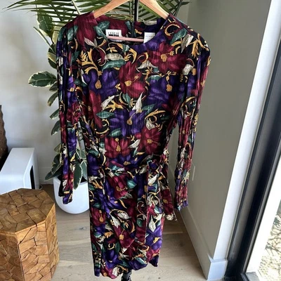 Leslie Fay Vintage Floral Long Sleeve Midi Dress S 12 Tie Waist Cottage Garden - Image 1 of 4
