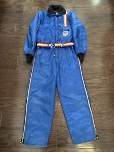Vintage Snowmobile Snow Ski Winter Warm Suit Youth Size Large Blue Stripe Red