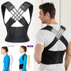Unisex Black Adjustable Posture Corrector Shoulder Brace Belt Low Back Support - Picture 1 of 18