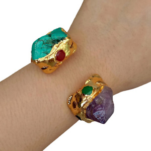 Natural Purple Amethyst Druzy Green Turquoise Gold Plated Bangle Bracelet