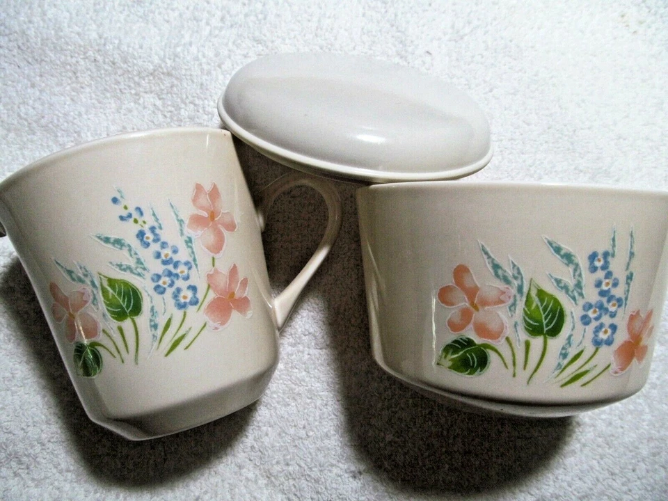 康宁角石 GLENORA 图案 8 盎司奶油和糖碗带盖花卉 — 第 1/4 张图片