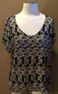 Blusa Top Ella Moss L Negra Estampado Cuello en V Frontal Oficina Núcleo con Encaje Espalda - Imagen 1 de 6