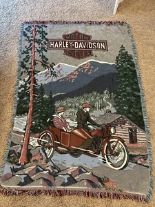 Rare Harley Davidson Tapestry Throw Blanket Knit Fringe Antique Motorcycle 48x70 - Picture 1 of 2