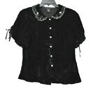 Anne Carson Womens Black Velvet Short Sleeve Bead Embellished Button-Up Blouse L