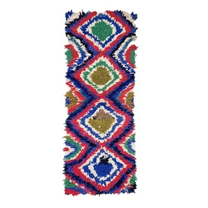 Moroccan Handmade Vintage Rug 2'4x6'4 Berber Geometric Red & Blue Cotton Carpet - Picture 1 of 10
