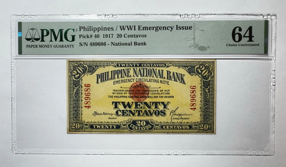 1917 PHILIPPINES NATIONAL BANK NOTE 20 CENTAVOS PMG CH UNC 64 - Image 1 of 2