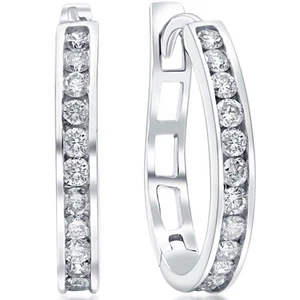 .50Ct Real Diamond Hoops in 10k White Gold Women's Earrings - Picture 1 of 3