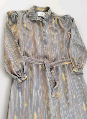 Vestido midi vintage de seda manga larga para mujer retro oficina rayas cinturón talla 8/M Foto 1 de 4