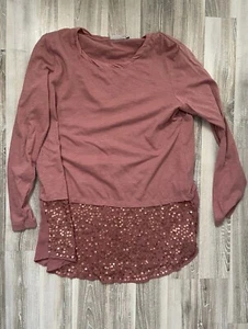 LOGO Lori Goldstein Blush Baumwolle & Pailletten Chiffon Trim Top Large Solid Relaxed - Bild 1 von 7