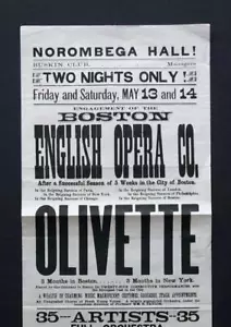 1880's BROADSIDE*BANGOR MAINE*NOROMBEGA HALL*ENGLISH OPERA CO*OLIVETTE*BUSHKIN - Picture 1 of 2