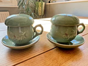 Pair Korean Ceramics Teacups Set, 3 Crane Celadon 2 Cups, Infusers Lids, Saucers - Picture 1 of 7