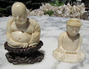 TWO FINE HAND CARVED ANTIQUE CHINESE RESIN BUDDHA FIGURES FIGURINES STATUES - Picture 1 of 6
