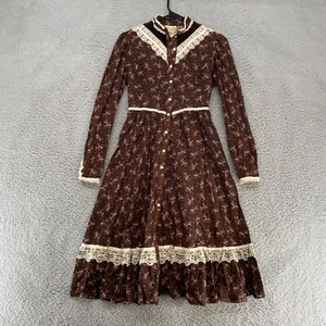 Vintage Gunne Sax Dress Girls 10 Cottagecore Prairie 70s 80s Boho Brown Lace* - Picture 1 of 16