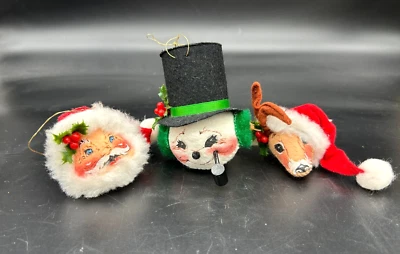 3 adornos artesanales vintage de cabeza de muñeco de nieve de ciervo de Santa de Navidad de fieltro Anna Lee Foto 1 de 4