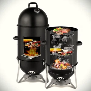 3-Rack Round Vertical Steel Charcoal Smoker BBQ Grill with Thermometer 46" Tall - Picture 1 of 12