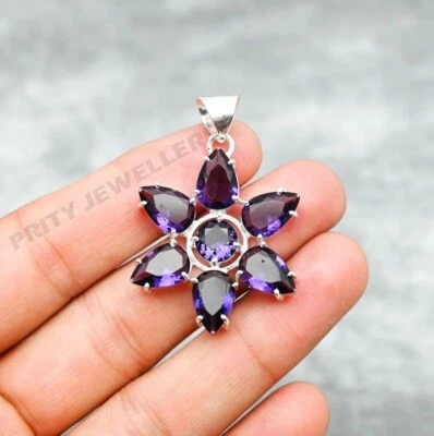 Colgante Flor Amatista Plata de Ley 925 Hecho a Mano Piedras Preciosas Joyería Regalo Foto 1 de 4