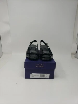 Stuart Weitzman Women's Black Patent Open Toe Strap Closure 1.5" Pumps Size M8.0 - Image 1 of 4