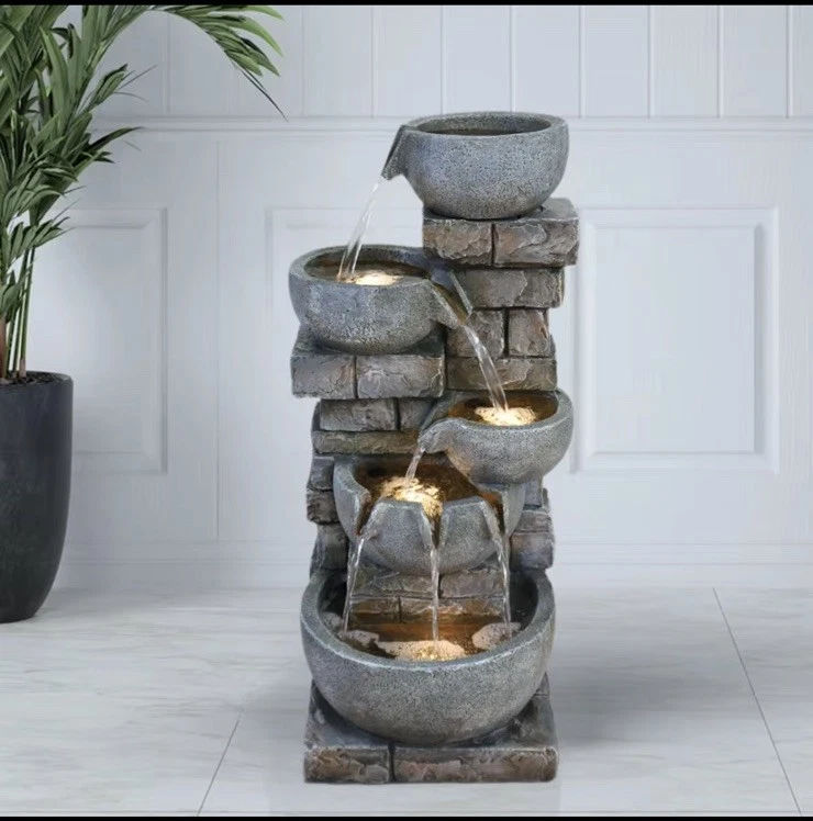 Outdoor Water Fountain with LED Lights, Resin Bowl Waterfall Fountain for Garden - Image 1 of 3