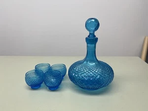 Italy Vintage MCM Diamond Point BLUE Glass Cordial BOTTLE Decanter 4 CUPS - Picture 1 of 14