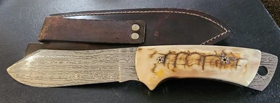 Craig Steketee Custom  Damascus Horn Handle Hunting Knife (NO RESERVE AUCTION!) - Image 1 of 4