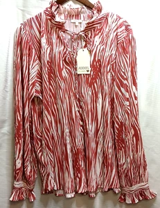 Jodifl NWT Blouse Red White Ripple Texture Long Sleeve Ruffle Neck Womens Size M - Picture 1 of 8