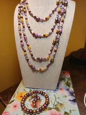CGI CN 925 Pink & Purple Multi Colored Pearl Necklace 74” Long+Bracelet Earrings - Image 1 of 4