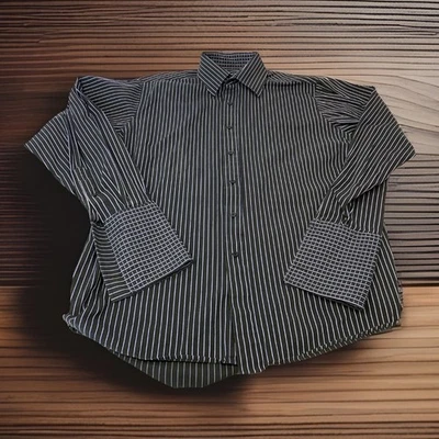 Sean John Men’s L Large 18 34/35 Black Striped Long Sleeve Cotton Dress Shirt - Image 1 of 4