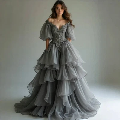 Vintage Victorian Wedding Dresses Ruffles Tiered Light Gray Formal Occasion Gown - Image 1 of 4