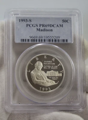 1993 S James Madison Silver Commemorative 50c PCGS PR69 DCAM - Image 1 of 2