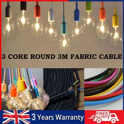3 Core Electric 3m Cable Braided Fabric Flex Cord Lighting Vintage Round Wire - Image 1 of 4