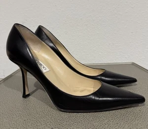 Jimmy Choo Romy Pumps Black Leather Size 37 Pointed Toe Heels - Picture 1 of 18