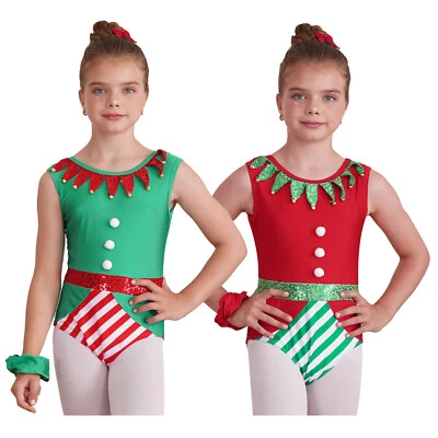 UK Girls Christmas Elf Costumes Dance Bodysuit Gymnastics Leotard with Headband