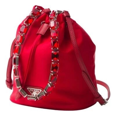 Prada Re-Nylon Rosso Red Drawstring Bucket Bag Embellished Crystal Handle NEW - Image 1 of 4
