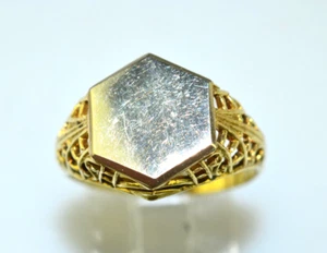 ANTIQUE 14K YELLOW GOLD HEXAGON SIGNET RING OPENWORK SIDES SIZE 5.5 NO MONOGRAM - Picture 1 of 5