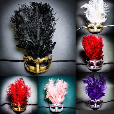 Venetian Tall Ostrich Feather Mardi Gras Masquerade Mask Party Eye Mask Costume - Image 1 of 4